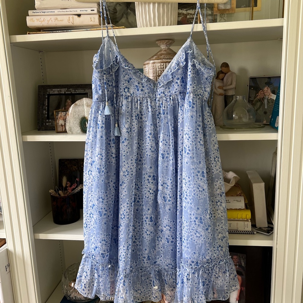 Karina Grimaldi Blue Patterned Ruffle Babydoll Fl… - image 5